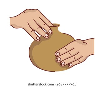 Hands of a master molding a vase from clay, vector icon. Pottery, a sculptor forms a ceramic sculpture. Master class, hobby, the process of shaping from clay. Flat color illustration, isolated clipart