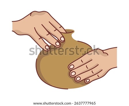 Hands of a master molding a vase from clay, vector icon. Pottery, a sculptor forms a ceramic sculpture. Master class, hobby, the process of shaping from clay. Flat color illustration, isolated clipart