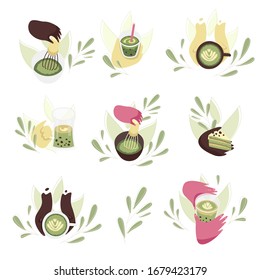 Manos con colchonetas y gafas. Manos modernas y elegantes que sostienen objetos en polvo de matcha como té, pastel o cócteles. Vector aislado en fondo blanco.