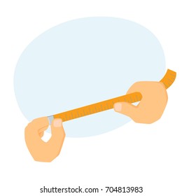 Hands with measure tape. Process of size or length measurement. Office work tool cartoon vector. Working in office, education, business concept.