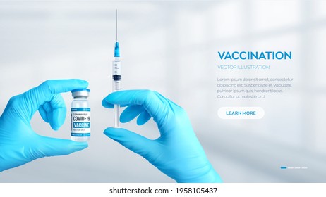 Hands in medical blue gloves holding the medical glass vial for injection and syringe with vaccine. Vaccination or medicare concept. COVID-19 coronavirus vaccine. Vector realistic illustration.