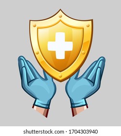 Hands in medical gloves and golden shield with cross. Vector illustration