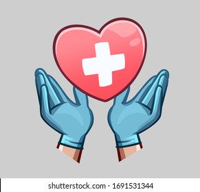 Hands in medical gloves and heart with cross. Vector illustration.