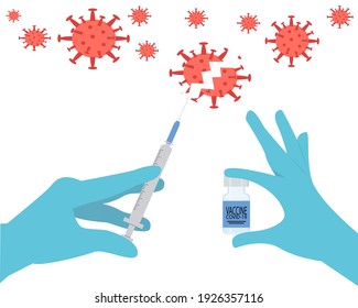 Hands in medical gloves hold a syringe and a vaccine.  Concept of destroying the virus by vaccine. Vector illustration isolated on white background.