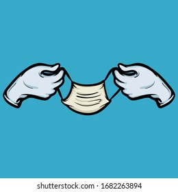 Hands with medical gloves holding face mask. Medical cartoon illustration. Healthy vector concept. Doctor equipment 
