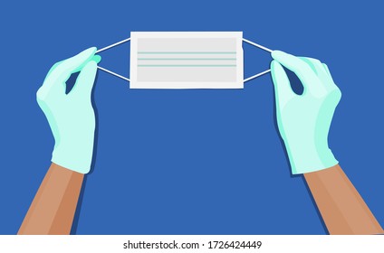 Hands with medical gloves holding face mask. Medical illustration. Doctor equipment