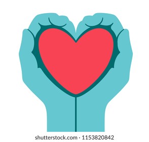 hands in medical gloves holding heart. Logo or emblem. vector illustration
