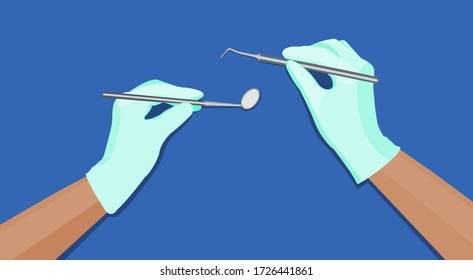 Hands with medical gloves holding stomatological tools. Medical illustration. Doctor equipment