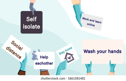 Hands in medical gloves on blue backdrop. Quarantine slogans for social banner or propaganda, hygiene promotion, medical poster. Chemist shop logo or info card. Flat style stock vector illustration