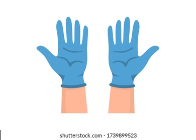 Hands in medical gloves. Hands put on rubber gloves to prevent infection and bacteria getting. Latex protective gloves. Vector illustration flat design protection against viruses and bacteria