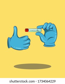 Hands in medical gloves show vaccine ampoule. Cartoon style. Vector illustration