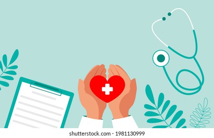 The hands of a medical professional hold a heart, a tablet and a stethoscope, top view. Banner with copy space. Vector stock illustration. 