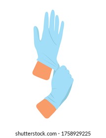 Hands in medical sterile rubber gloves. Illustration of safety measures against covid-19 virus. Person puts on gloves.