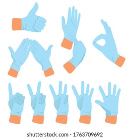 Hands in medical sterile rubber gloves. Illustration of safety measures against covid-19 virus. Person puts on gloves. Thumb up, gesture ok, digits from 1 to 5.