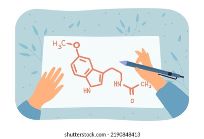 Hands Of Medical Student Drawing Melatonin Structure On Paper. Person With Pen, Chemical Formula Flat Vector Illustration. Sleep Disorder, Treatment, Health Concept For Banner Or Landing Page