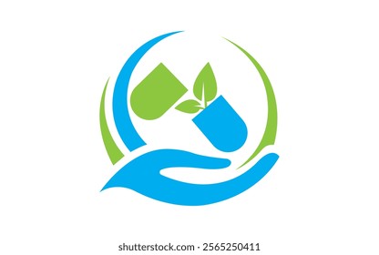 Hands up medicine and leaf logo design and fermecy icon
