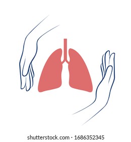 Hands of Medicine protect human lungs. Pandemic medical concept illustration. Illustration of prevention from virus pneumonia and other lung diseases. Research and development on a preventive vaccine