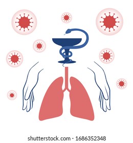 Hands of Medicine protect human lungs against coronavirus. Pandemic medical concept illustration. Illustration of prevention from virus pneumonia. Research and development on a preventive vaccine