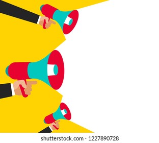 Hands with megaphone background. Loudspeaker and copy space design. Communication concept.
