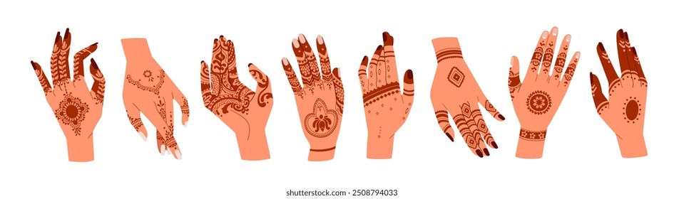 Hands with mehendi patterns, traditional Indian henna tattoos set. Floral designs, hindu mehndi art. India ceremonial ornament on fingers, palms. Flat vector illustration isolated on white background