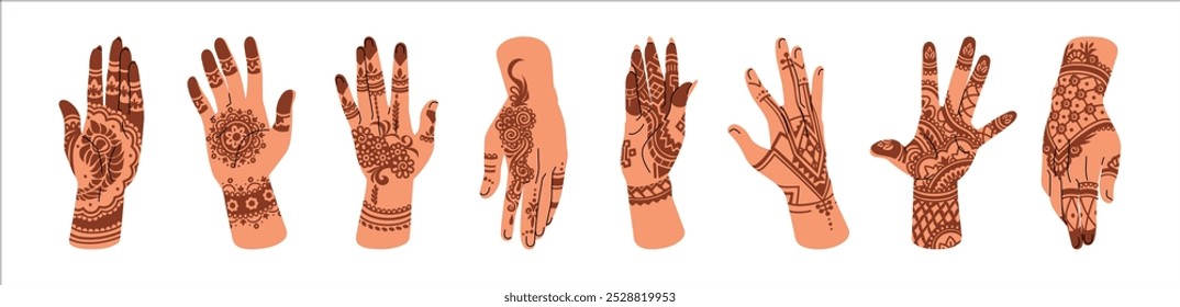 Manos con conjunto de mehendi. Tatuajes de henna, patrones indios, adornos árabes en palmas femeninas. Diferentes diseños, estilos de mehndi tradicional. Ilustraciones vectoriales aisladas planas sobre fondo blanco