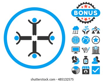 Hands Up Men icon with bonus pictogram. Vector illustration style is flat iconic bicolor symbols, blue and gray colors, white background.
