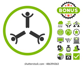 Hands Up Men icon with bonus pictogram. Vector illustration style is flat iconic bicolor symbols, eco green and gray colors, white background.