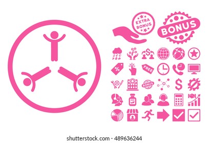 Hands Up Men icon with bonus pictogram. Vector illustration style is flat iconic symbols, pink color, white background.