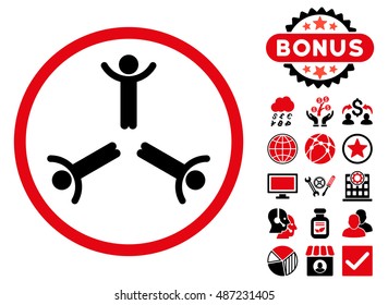 Hands Up Men icon with bonus symbols. Vector illustration style is flat iconic bicolor symbols, intensive red and black colors, white background.