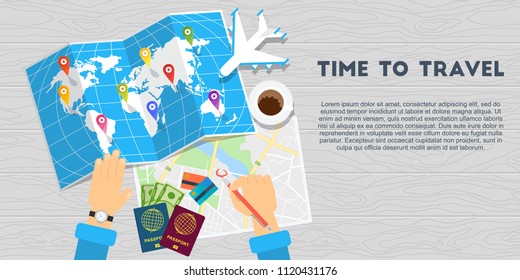 Hands of men mark the way for travel on world map. Passport for customs clearance, airplane tickets, route planning. Tourism and travel, adventure and active leisure. Flat vector cartoon illustration.