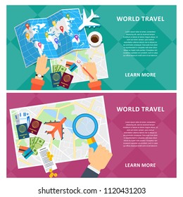 Hands of men mark the way for travel on the world map. Passport for customs clearance, airplane tickets, route planning. Flat vector cartoon illustration. Objects isolated on white background.