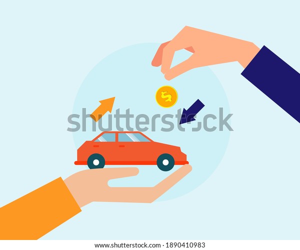 Hands of\
men with money buying or renting a new car\

