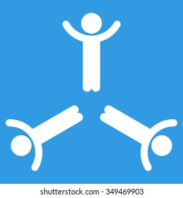 Hands Up Men vector icon. Style is flat symbol, white color, rounded angles, blue background.