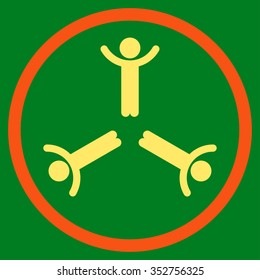 Hands Up Men vector icon. Style is bicolor flat circled symbol, orange and yellow colors, rounded angles, green background.
