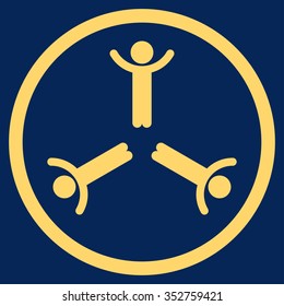 Hands Up Men vector icon. Style is flat circled symbol, yellow color, rounded angles, blue background.