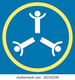 Hands Up Men vector icon. Style is bicolor flat circled symbol, yellow and white colors, rounded angles, blue background.