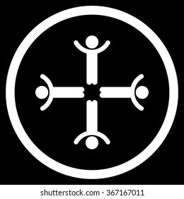 Hands Up Men vector icon. Style is flat circled symbol, white color, rounded angles, black background.