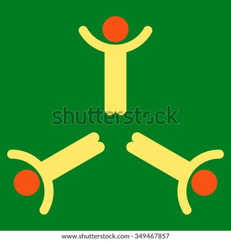 Hands Up Men vector icon. Style is bicolor flat symbol, orange and yellow colors, rounded angles, green background.