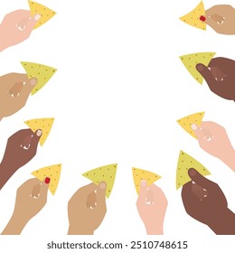 Hands of men and women of different race hold corn and spinach nachos in rectangular shape Copyspace