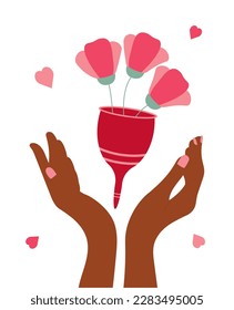 Hands with menstrual cup. Zero waste menstruation concept. Feminine hygiene. Medical illustration. Body care. 