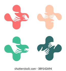 Hands Of Mercy. Company Logo Help Disadvantaged People, Children, Women. The Symbol Of Mutual Aid And Support. Cross Logos Set. Care Logotype.