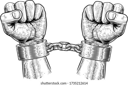 Hands in metal chain shackle handcuffs in a vintage woodcut revolution propaganda poster style.