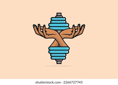 Manos con ilustración vectorial Metal Dumbbell. Concepto de diseño de ícono de gimnasio. Diseño de vectores de mano fuerte y barbería. Levantamiento de peso, concepto duro de tren. Estilo de fitness deportivo.