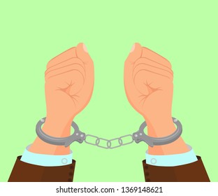 Ilustración de vectores planos de esposas metálicas. Puños cerrados, rebelde, símbolo de oposición. Cartel de encarcelamiento, violación de derechos humanos. Crimen de cuello blanco, afiche de corrupción, elemento de diseño de folleto