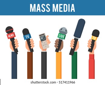 Hands With A MIC And Recorder. Mass Media Interview Concept. The Reporters Of News Channels. Vector Illustration In Trendy Flat Style, Isolated On A White Background