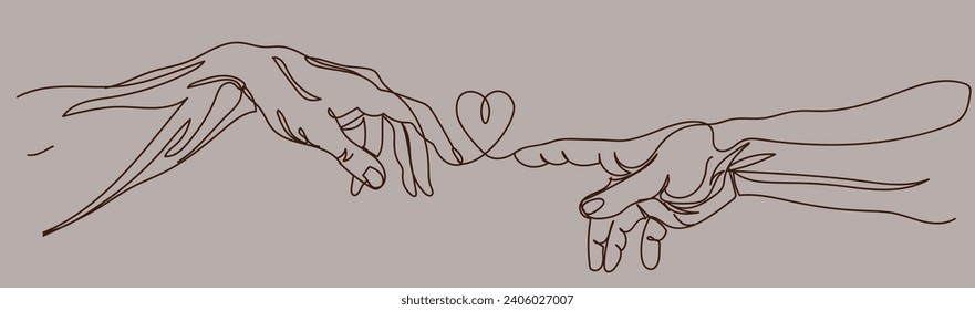 Hände von Michelangelo, Schöpfung des Menschen. Die Zeichnung ist durchgehend. Drehbuch. Valentinstag Design Element, Herz zwischen Fingern.