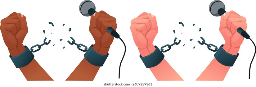 Hands with microphone break chains of handcuffs or shackles, freedom of speech, independent press, democracy of media. Stock vector illustration