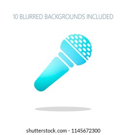 Hands microphone icon. Colorful logo concept with simple shadow on white. 10 different blurred backgrounds included
