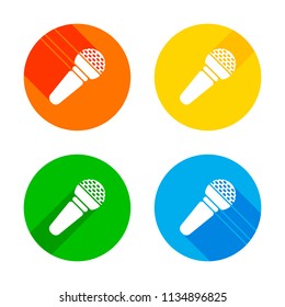 Hands microphone icon. Flat white icon on colored circles background. Four different long shadows in each corners