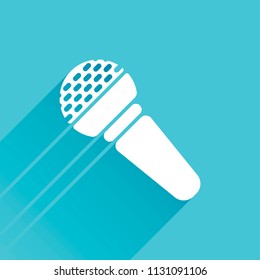Hands microphone icon. Gray icon with long shadow in bottom left corner on blue background